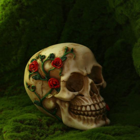Череп человека с розой Маленький цветок розы Лоза Статуэтка скелета Коллекционная фигурка для готического домашнего настольного декора