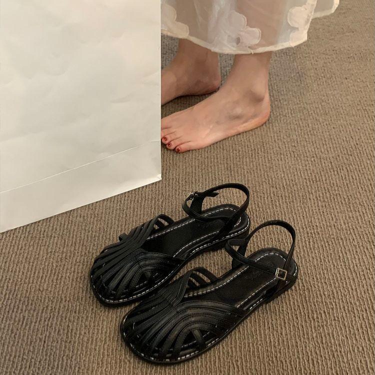 Мори baotou сандалии женские 2025 лето новые фея ветер плетеные римские туфли полые плоская подошва свиная клетка пляжная обувь