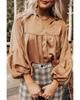 Azura Exchange Brown Puff Sleeve Collared Pleated Babydoll Blouse