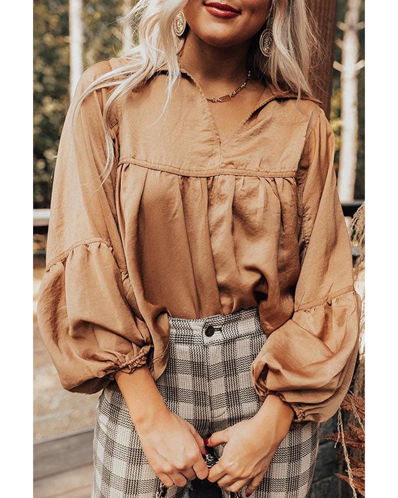 Azura Exchange Brown Puff Sleeve Collared Pleated Babydoll Blouse