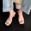Silver First Layer Cowhide French Square Head Thin Heel Summer New Back Strap High Heel Simple Temperament Open-toed Sandals Women