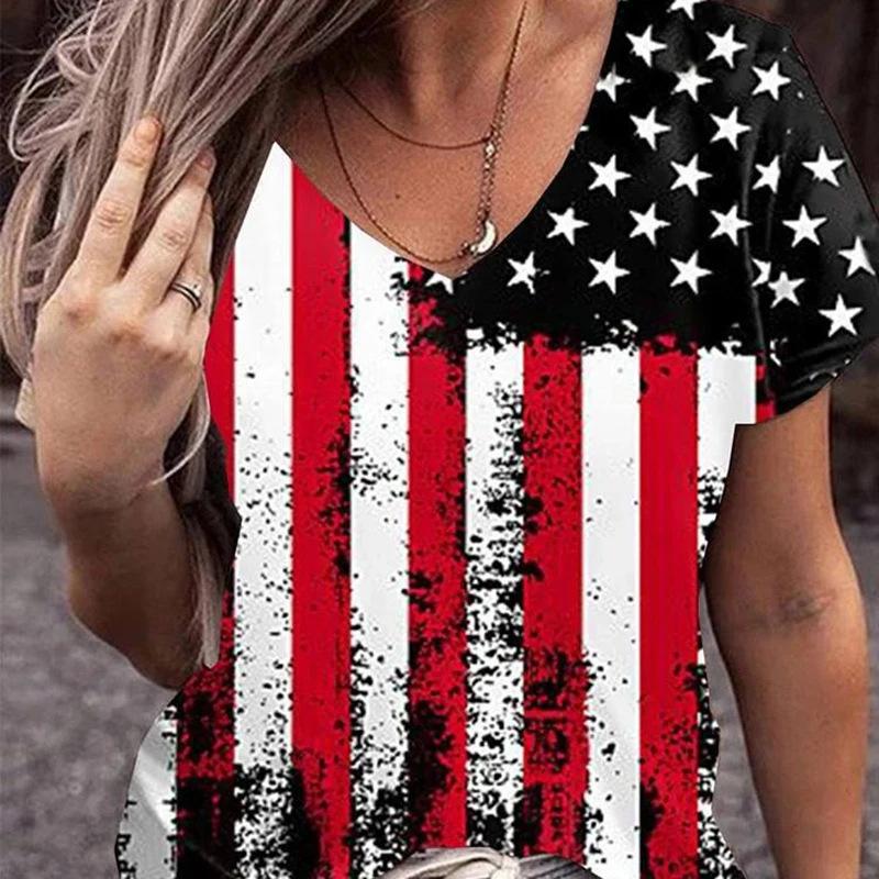 Summer V-neck 3D American Flag Printed Top Fashionable Casual Short Sleeved Women's T-shirts