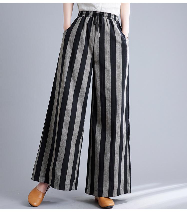 Spring Autumn Ladies Cotton Linen Trousers Retro Casual Pocket Stripe Wide Leg Pants for Women