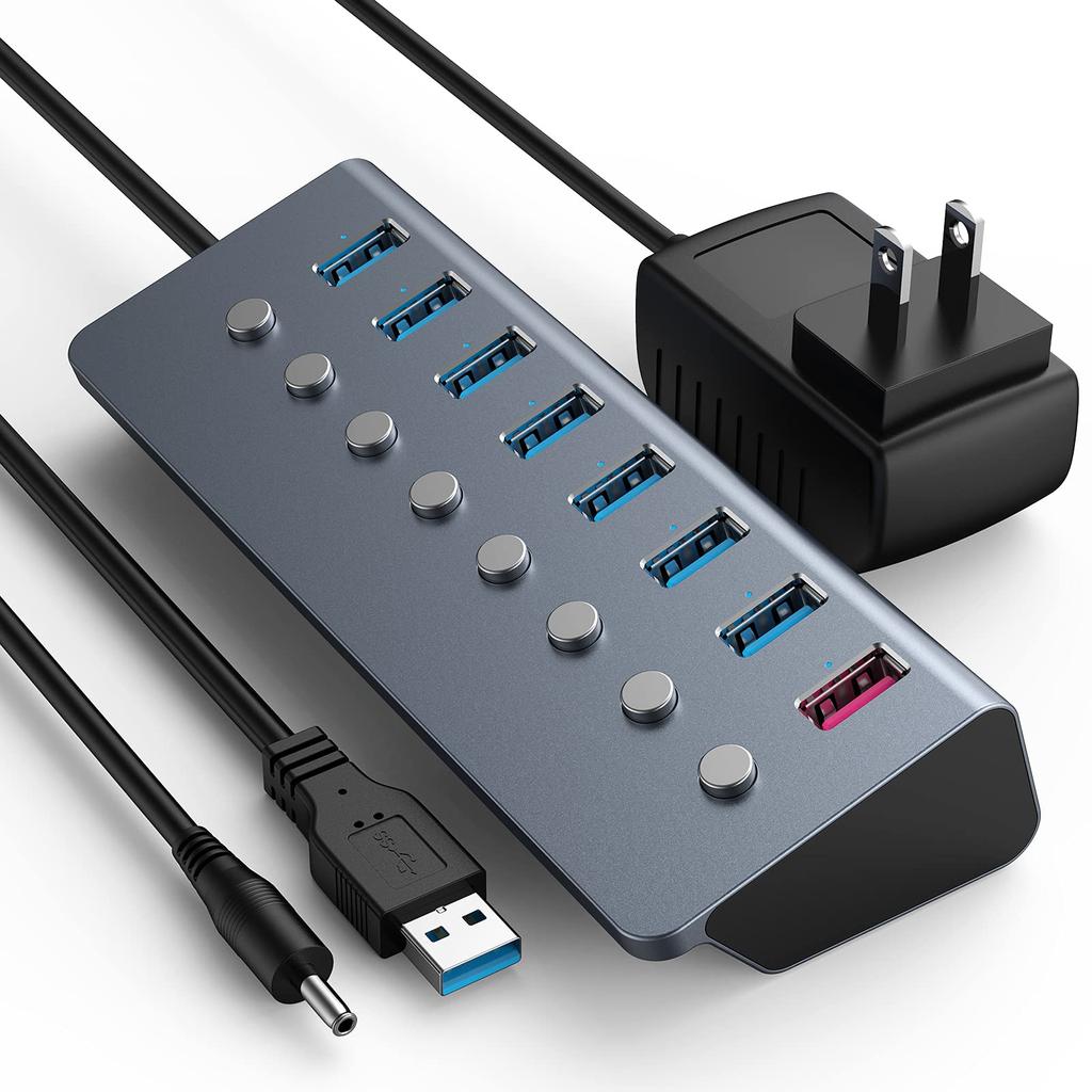 USB 3.0 Hub with 8 Ports, Independent Switches, 24W Power Supply, Aluminum Construction, and 1m USB Cable. High-Speed Data Transfer, Fast