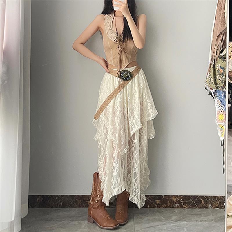 Кружевная асимметричная юбка Fairycore, женская винтажная Y2K Boho, эстетичная модная юбка средней длины с высокой талией, женские праздничные наряды