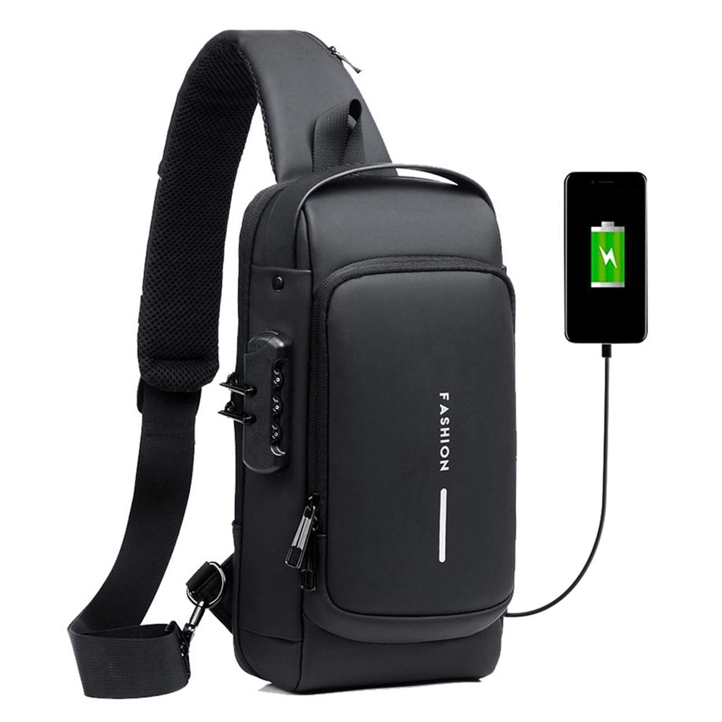 Men Sling Bag Pack with Lock Waterproof Antitheft Chest Bag with USB Charging Port Shoulder Bag