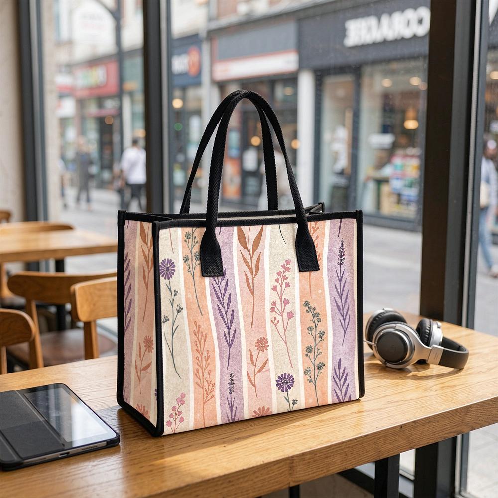 Vintage Floral Striped Tote Bag Large Capacity Fashion Portable Daily Shoulder Bag for Women