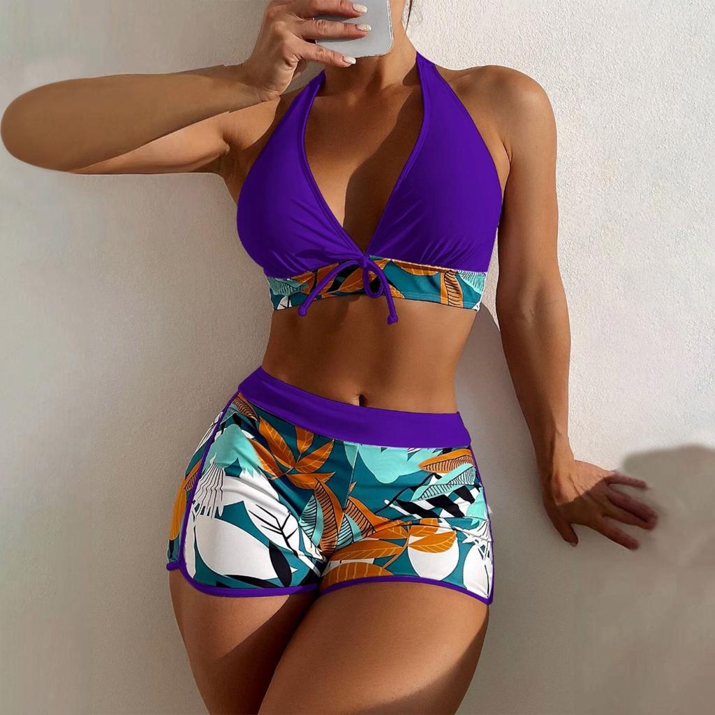 Women's Paneled Printed Swimsuit Ladies Split Boxer High Waist Swimsuit Two-Piece Set