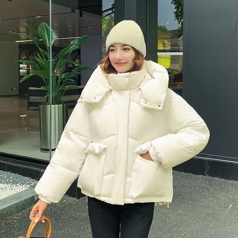 Women Short Medium Length Down Jacket Winter Warm Stand Collar Solid Color Casual Outerwear Coat