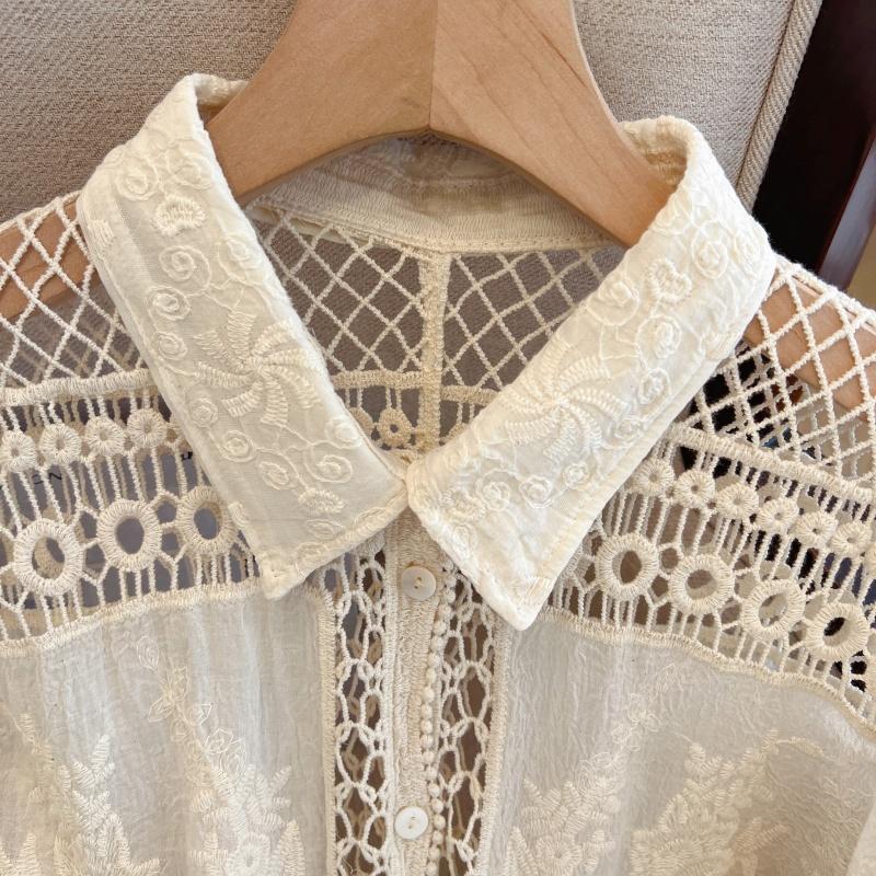 Dimanaf 2025 Новая летняя рубашка на пуговицах Женская кружевная блузка Вышивка Короткий рукав Модные топы Футболки Повседневные свободные футболки