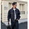 Men's Dark Blue Raw Denim Workwear Jacket - Loose Fit & Worn-Out Style