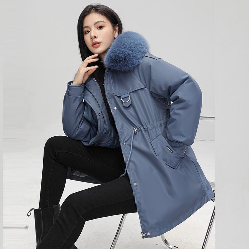 Autumn Winter Thicken Warm Detachable Parka Women Casual Fur Collar Solid Color Big Pocket Loose Hooded Coat Jackets Three-way Wear Outwear