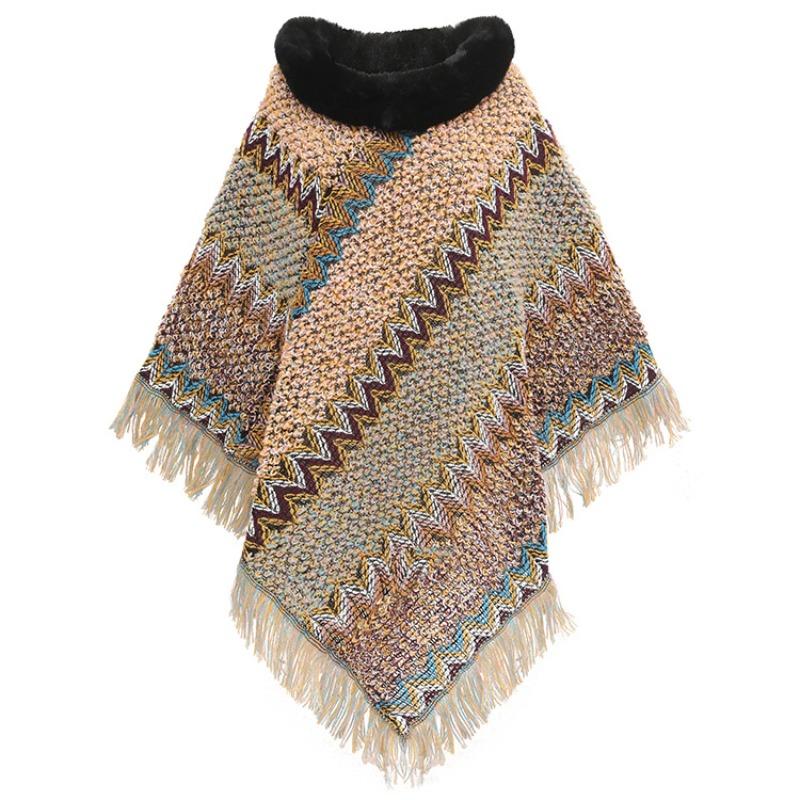 Цветной этнический стиль пуловер накидка женская меховой воротник женская вязаная накидка теплая осенне-зимняя шаль