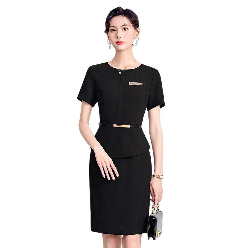 Темно-синее облегающее платье-двойка - Женская формальная одежда, рукав семь восьмых, круглый вырез