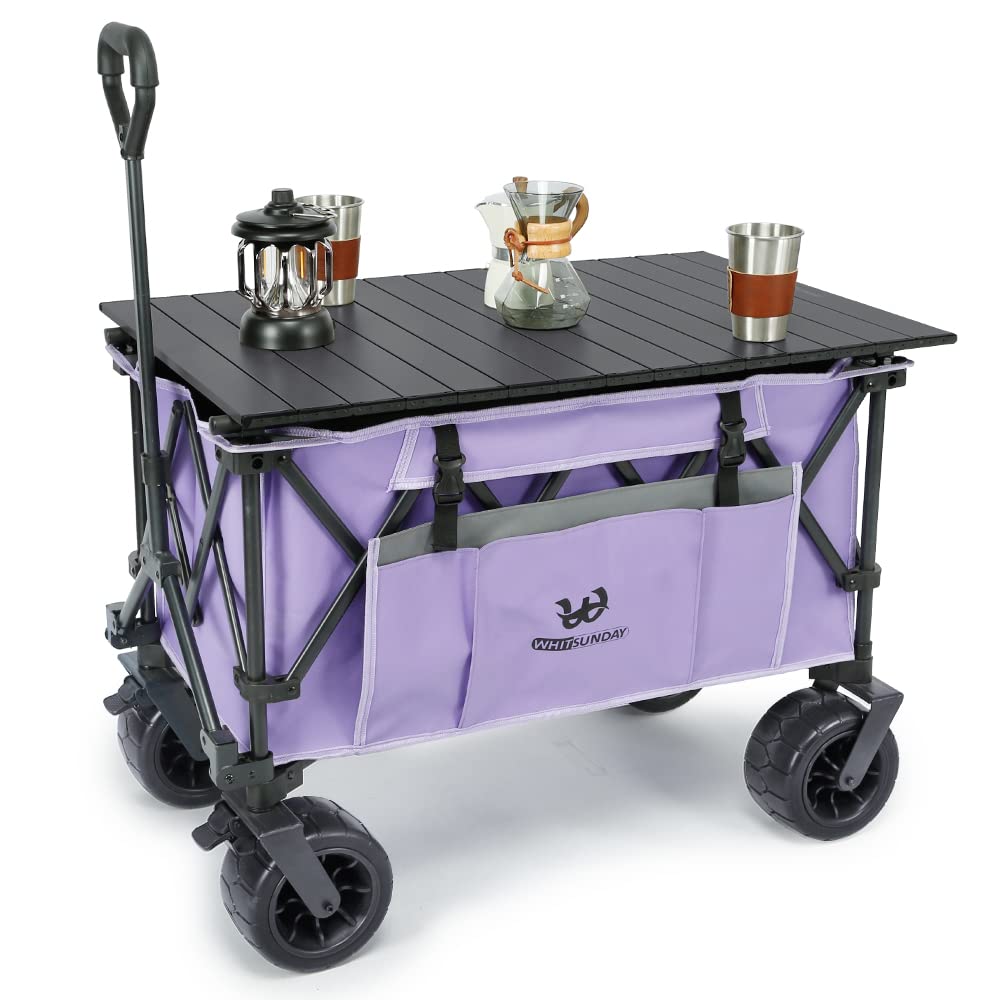 Compact Outdoor Camping Garden Foldable Heavy Duty Wagon Cart with Thick Wheels and Table Plate Murasaki -