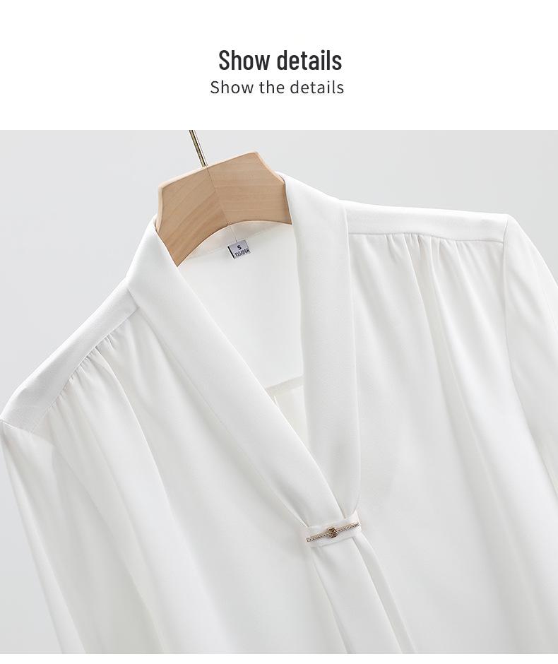 Весна 2024 Женская блузка из струящегося атласа с воротником-стойкой и завязками - Свободный крой, Профессиональный OL-дизайн