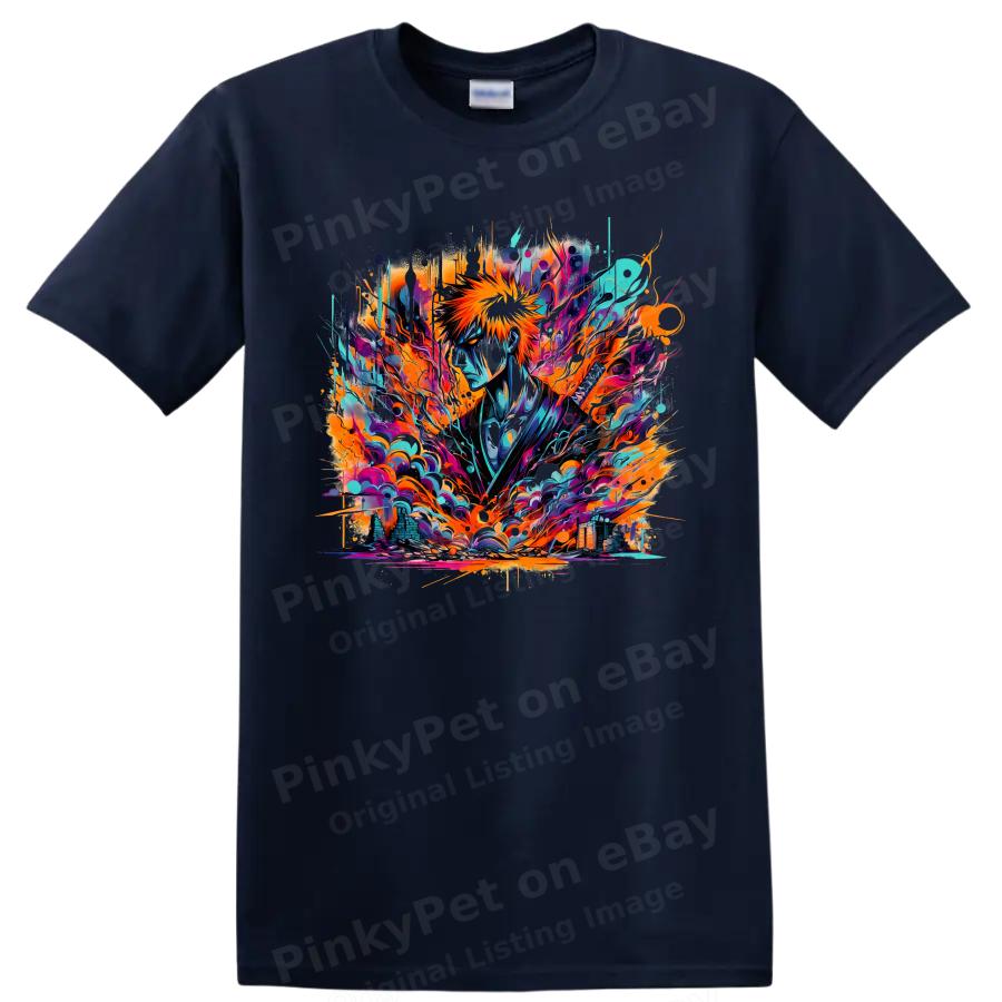 Anime Swordsman T Shirt Neon Orange Blue Abstract Warrior Graphic Tee Gift Art
