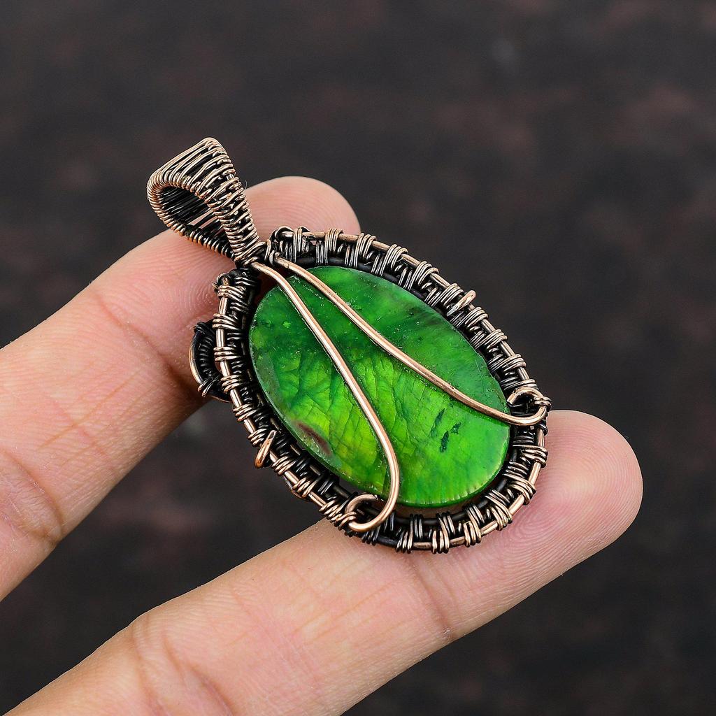 Зеленый огненный лабрадоритовый кулон, медная проволока, обернутая драгоценным камнем, замечательная медная бижутерия, кулон в этническом стиле, ручная работа, ювелирные изделия для подарка