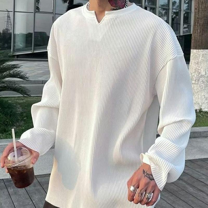 Spring and Autumn Men's Loose Casual Pleated Round Neck Long-sleeved T-shirt