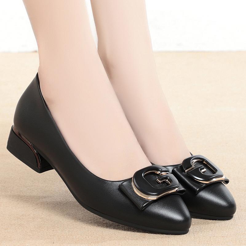 Модные женские простые милые легкие черные туфли на квадратном каблуке с кристаллами Женская мода Комфортные туфли-лодочки Grace Soft Leather Mid Heels