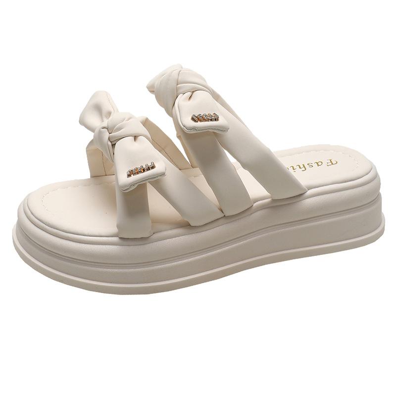 Fashion Bow Shaped Slippers for Women's Summer Outdoor Wear 2024 New Fairy Style Thick Sole Height Increasing One Line Cool Mop