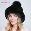 SOMALER Natural Mink Fur Hats for Women Winter Fox Fur Caps with Pompom Fashion Style Beanie for Ladies