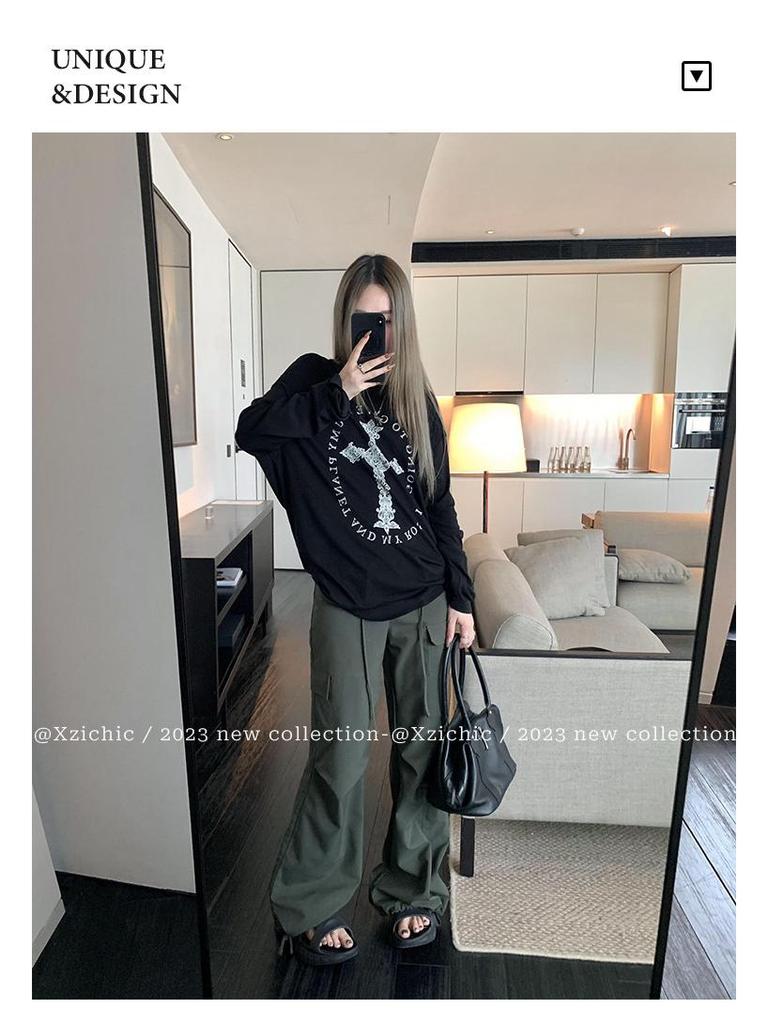 2024 Summer Women's Loose Long Sleeve Printed Drapey T-Shirt