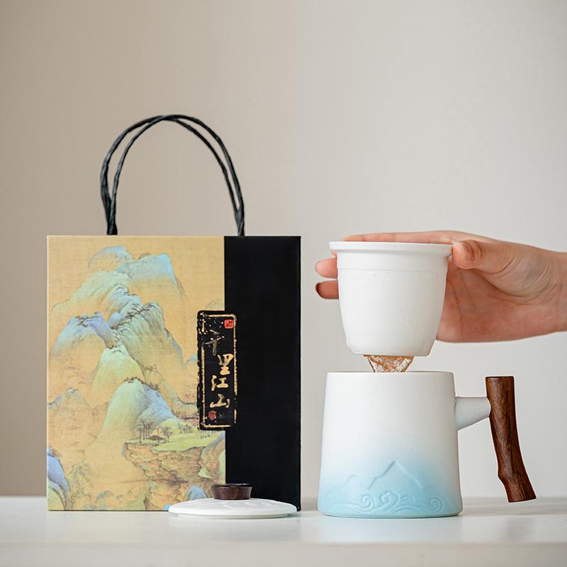 Gradual change high-grade coarse pottery office cup set Guochao ceramic mug tea separation business opening activities