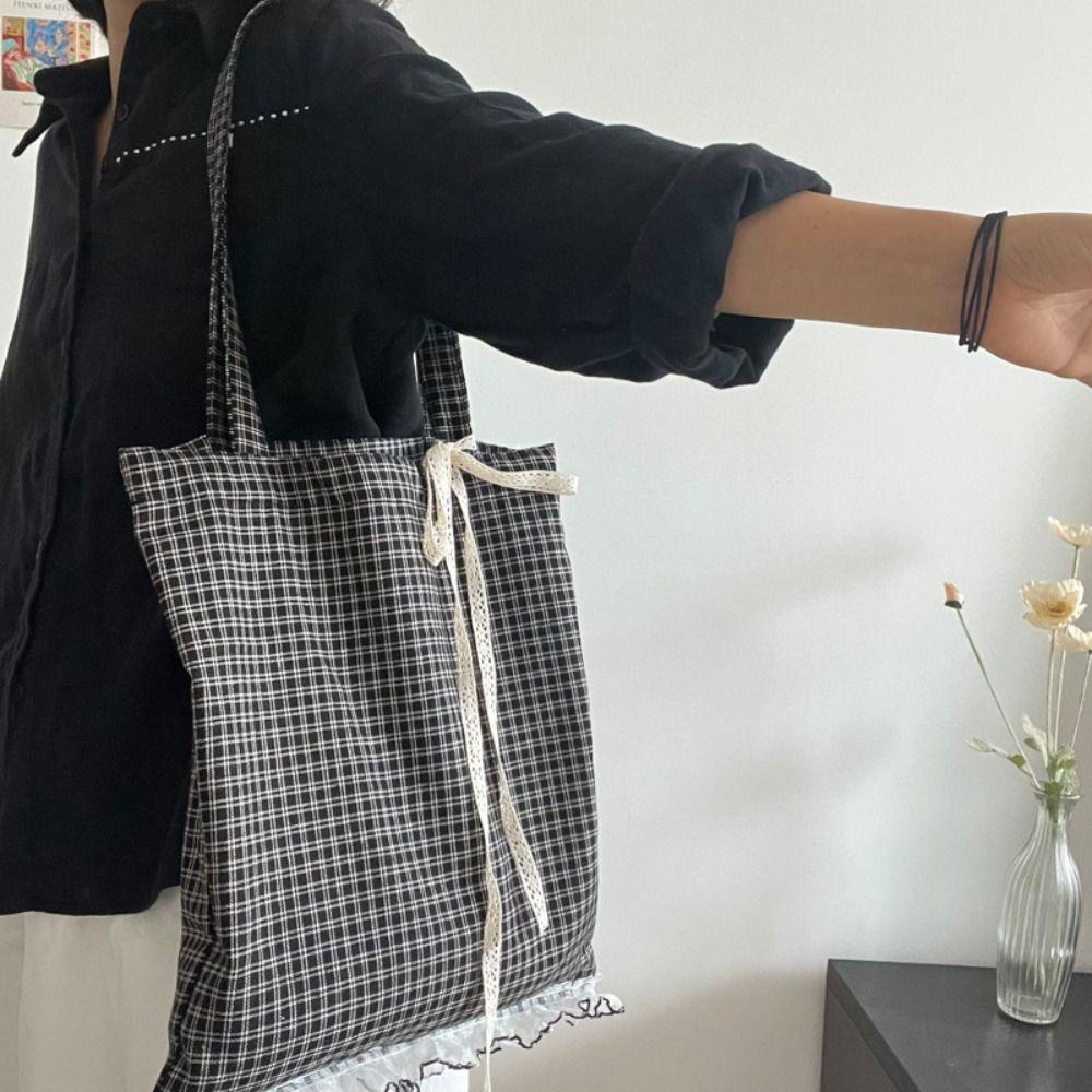 Large Capacity Ruffle Lace Canvas Bag Polka Dot Plaid Shoulder Bag Bow Shoulder Bag  Shopping