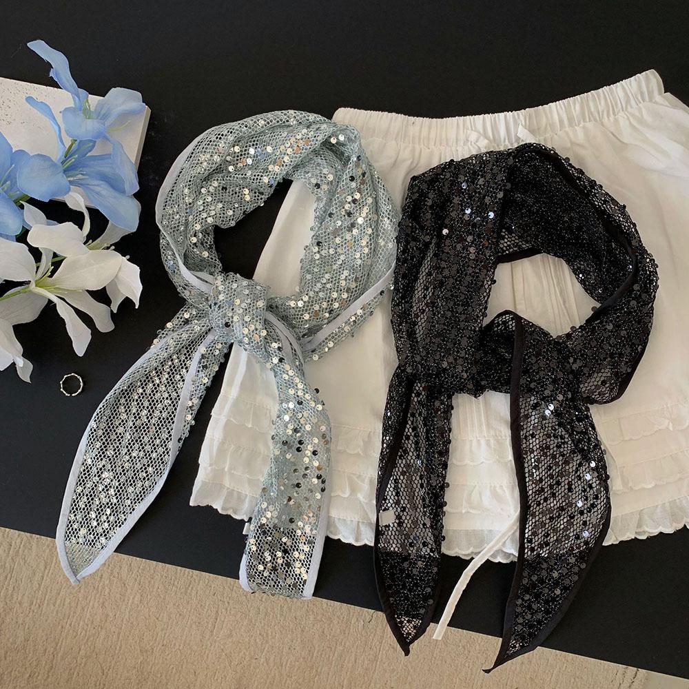 Hot French Sequin Fart Curtain Skirt Women's Vintage Y2K Cool Triangle Scarf Girls Ins Adjustable Head Wrap Hollow Out Headscarf
