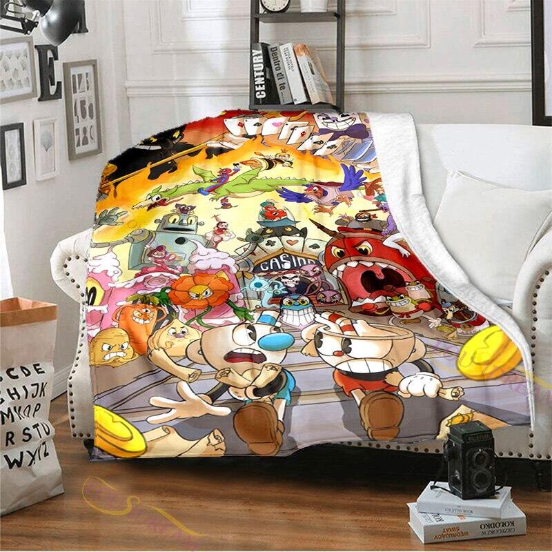 Фланелевое одеяло с узором Cuphead и Mugman для игровой комнаты, уютное одеяло для кровати, легкое мягкое одеяло, одеяло для дивана на все времена года