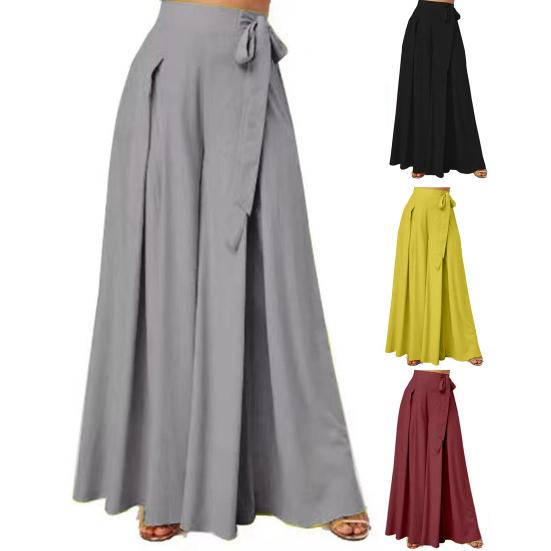 Women Skirt Pants Wide Leg Lace-up Bow High Waist Loose Solid Color A-Big Hem Deep Crotch Full Length Casual Dance Performance Culottes Long Trousers
