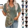 Womens Tops V-neck Short Sleeve Blouses Casual Fashion Print Tunic Tops With Pockets