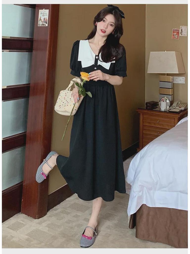 2025 Summer French Retro Tea Break Hepburn-Style Waist-Slimming Black Maxi Dress