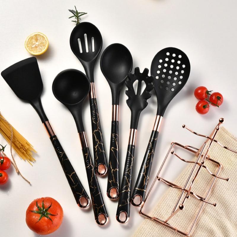 7 PCS Silicone Cooking Kitchen Utensil Set Wooden Handle Kitchen Baking Tools Kitchenware Accessories Storage Bucket