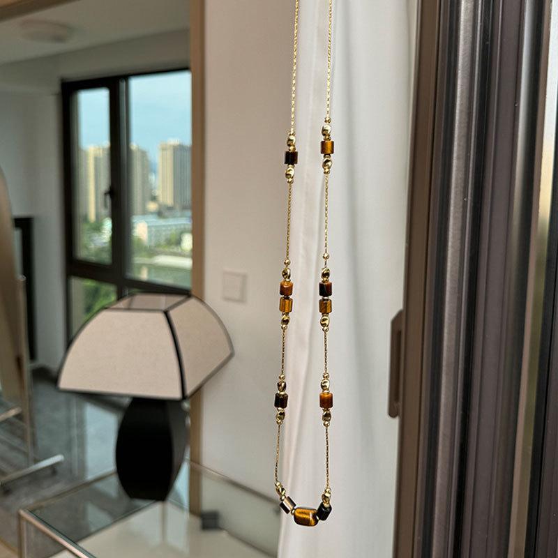 Autumn And Winter Maillard Tiger'S Eye Stone Beaded Necklace Women'S Niche High-End Sense Personalized Fashion Versatile Neck Chain Sweater Chain