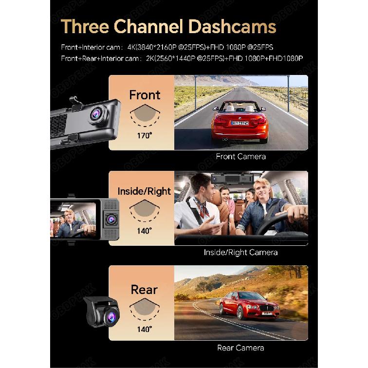 H330 11.26" Rearview Mirror 3 Cameras Front Inside Rear 4K+1080P+1080P Dash Cam Infrared Night Vision WIFI GPS Video Recorder