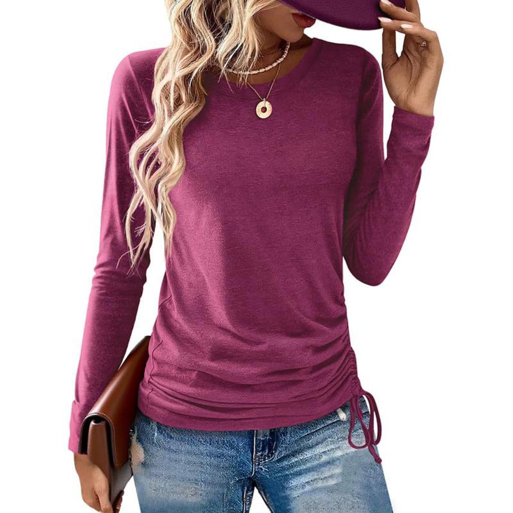 Women's Fashion Round Neck Solid Color Long Sleeve Side Drawstring Loose Casual Hoodie T-shirt Top