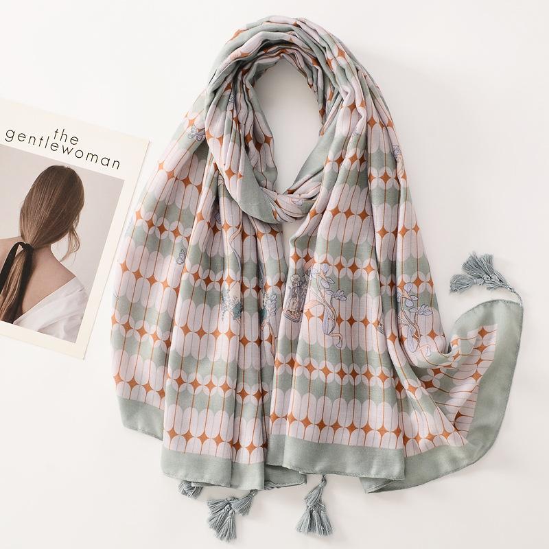 Beige Coffee Scarf Luxury Thin Womens Scarves Spring Floral Hijab Veils Soft Cotton Shawl Wrap Tassel Viscose Muslim Woman Hijab