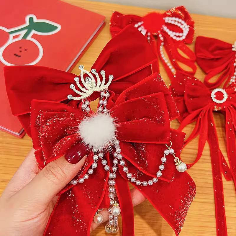 Новогодняя красная блестящая бархатная заколка-бантик для волос на Рождество, благоприятная лента-бантик для волос, женские аксессуары для волос для девочек