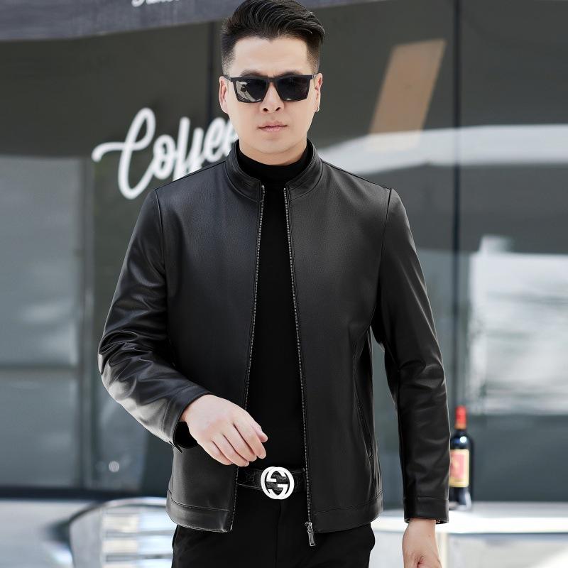 Осенне-зимняя куртка из натуральной кожи, мужская куртка из овчины с воротником-стойкой, короткая, для среднего и пожилого возраста, плюс бархат, большой размер, тонкое пальто