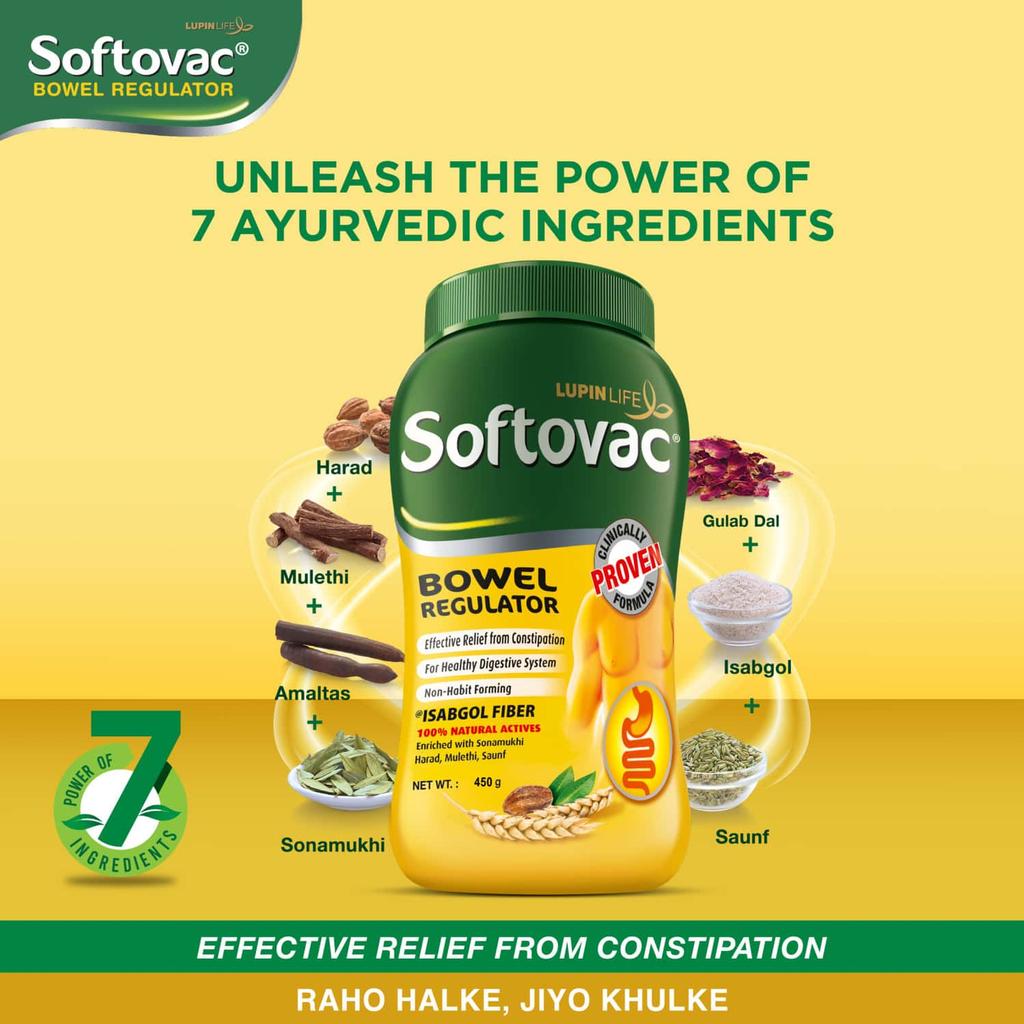 Softovac Isabgol Порошок для регуляции работы кишечника 450 г – Мягкое слабительное, Клетчатка шелухи подорожника, Снимает вздутие живота, Поддерживает пищеварение, Не вызывает привыкания