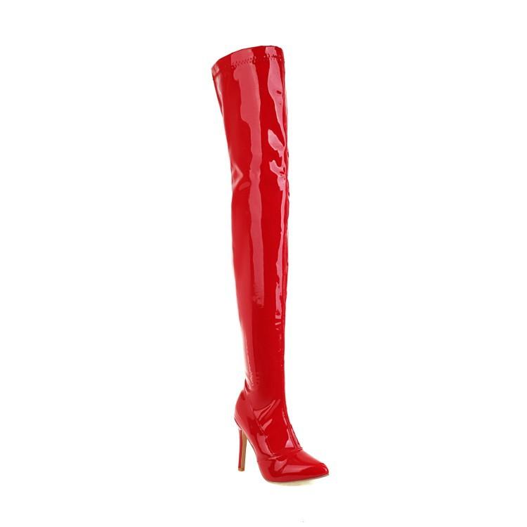 European and American Large Size Ultra-high Heel Thin Heel Waterproof Table Patent Leather Knee Boots Pole Dancer Shoes