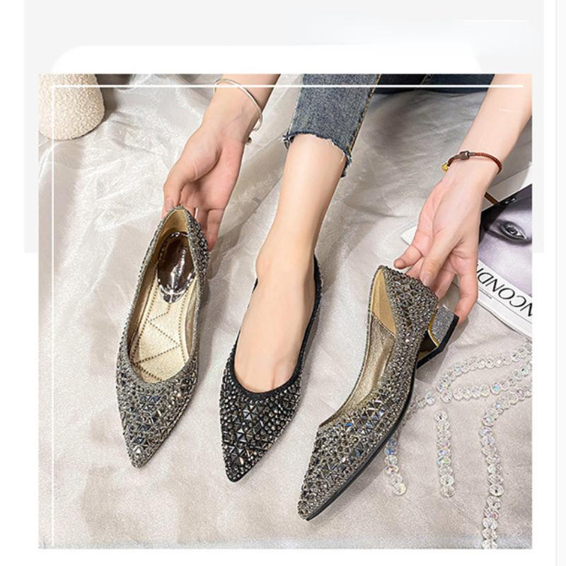 Женские летние туфли с острым носком, туфли на плоской подошве со стразами и неглубоким горлом, темпераментные топсайдеры большого размера