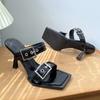 Fashion Black Square Toe Metal Belt Buckle Design Slide Sandals Women Summer Sexy Open Toe Thin High Heel Women Slippers Loafers
