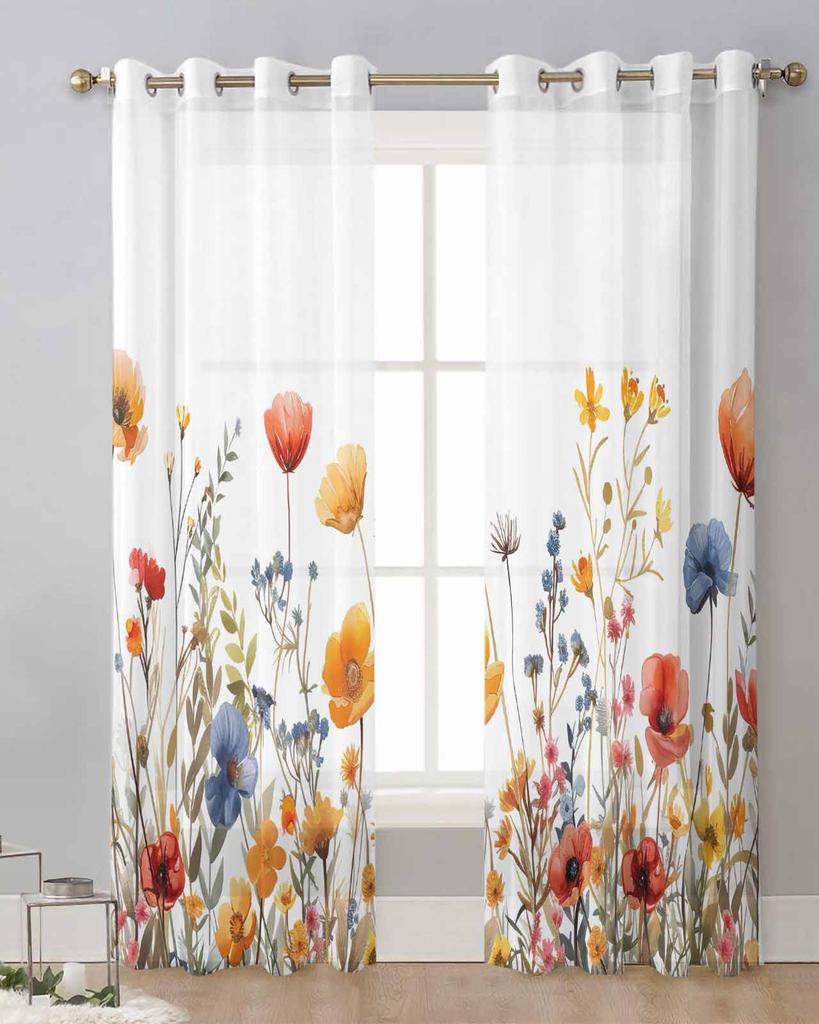 Цветы Растения Акварель Листья Прозрачные Шторы для Украшения Гостиной Оконные Шторы Кухня Тюль Вуаль Органза Шторы