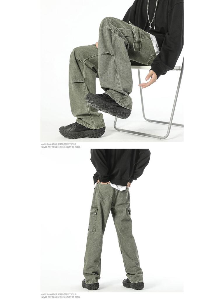 LKTM Мужские свободные джинсы в японском стиле с широкими штанинами и множеством карманов - модный прямой плиссированный комбинезон
