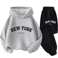 Autumn Warm New York Letter Cool Graphic Print Children Long Sleeve Hoodie +pant Suit 2pcs Set Sweatshirt Boy Girl Kid Sportwear