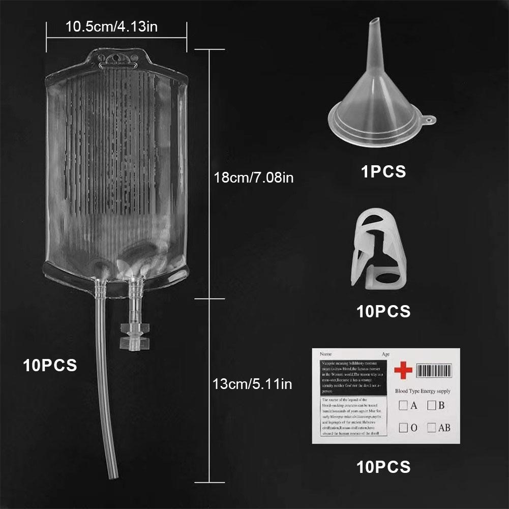 10PCS Blood Energy Drink Bags 350ML Halloween Blood IV Bags Vampire Zombie Drinks Bags for Masquerade Party Decor Prop