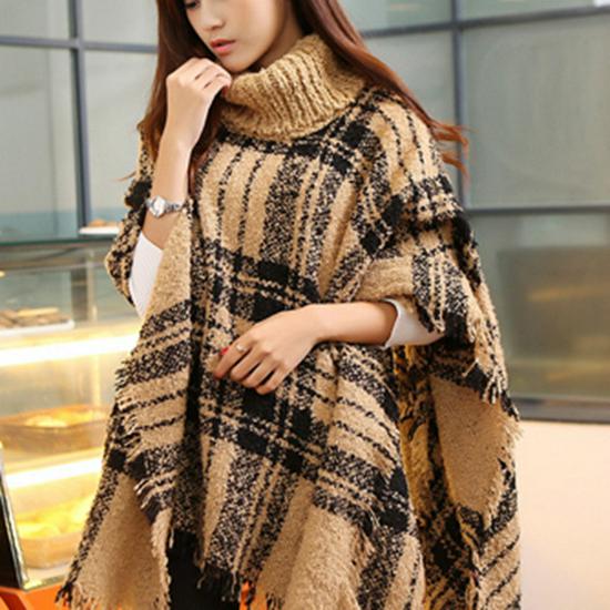 European and American High Neck Plaid Cape - Batwing Sleeve Knitted Pullover Shawl for Women